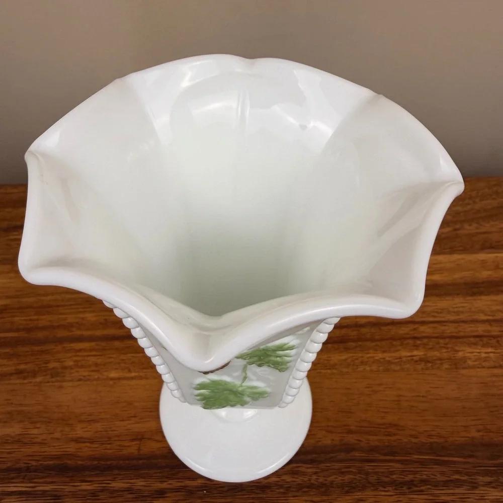 Westmoreland Milk Glass Paneled Grape Vase Hand Painted Green Gold Footed 6.25